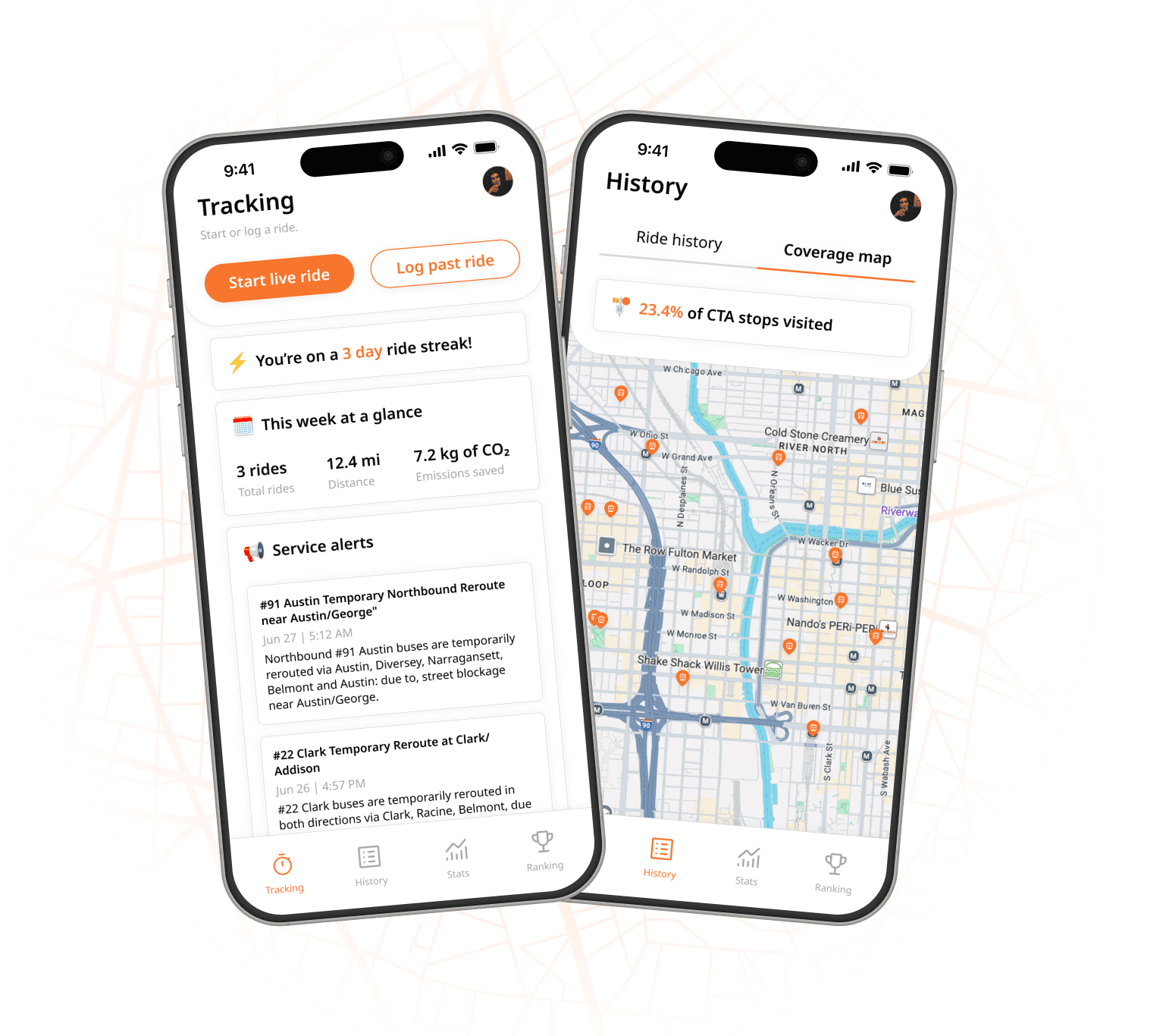 Transit Stats CTA tracker app showing Chicago transit data, live ride tracking, ride history, and coverage map